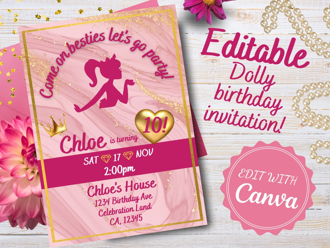 Dolly Birthday Invitation, Sparkly Pink Dolly Invitation, Dolly Birthday Party, Editable