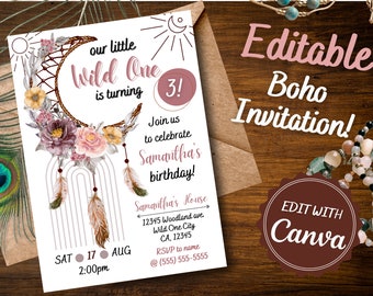 May include: Editable boho-style birthday invitation with a pink and white color scheme. The invitation features a dreamcatcher with feathers and flowers, a crescent moon, and the text "our little Wild One is turning 3!"