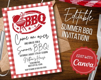 Summer BBQ Invitation: Red Checkered Party Invite (Editable Template)