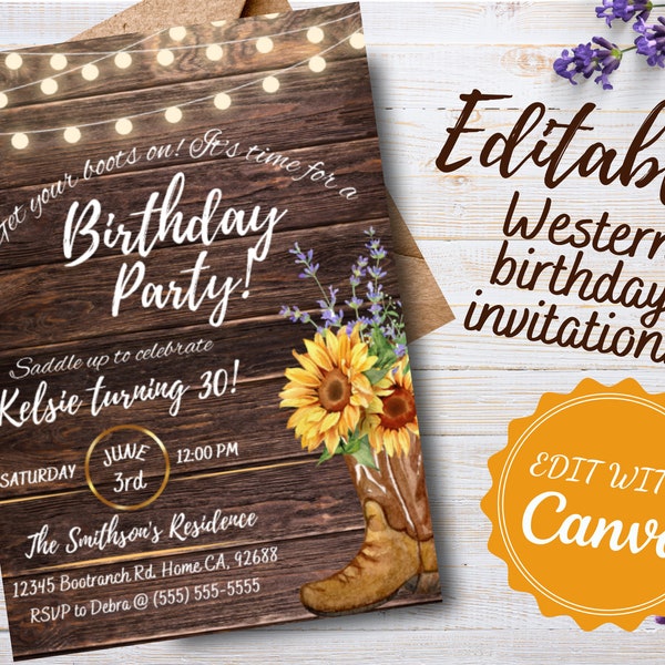 Western birthday invitation, cowgirl boots birthday invitation, western birthday party, western themed birthday party, editable template