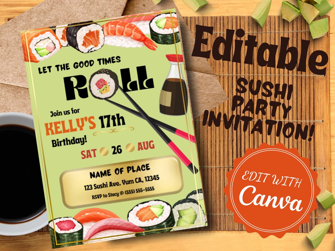 Sushi Party Invitation, Birthday Sushi Invitation, Sushi Birthday Party, Editable Template
