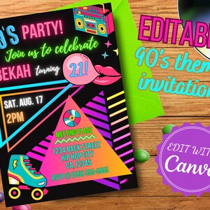 90&#39;s themed birthday invitation, 90&#39;s birthday party, retro birthday party, editable template