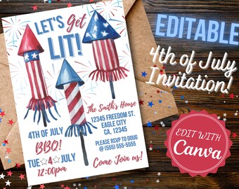 4th of july invitation, independence day bbq, let's get lit, fireworks, editable template
