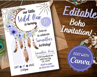 May include: A purple and white invitation with a dreamcatcher design for a 3rd birthday party. The invitation says "our little Wild One is turning 3!" and includes the text "Join us to celebrate Samantha's birthday!"  The invitation also includes the date, time, and location of the party.