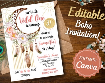 Boho Dreamcatcher Birthday Invitation: Editable Template (Digital Download)
