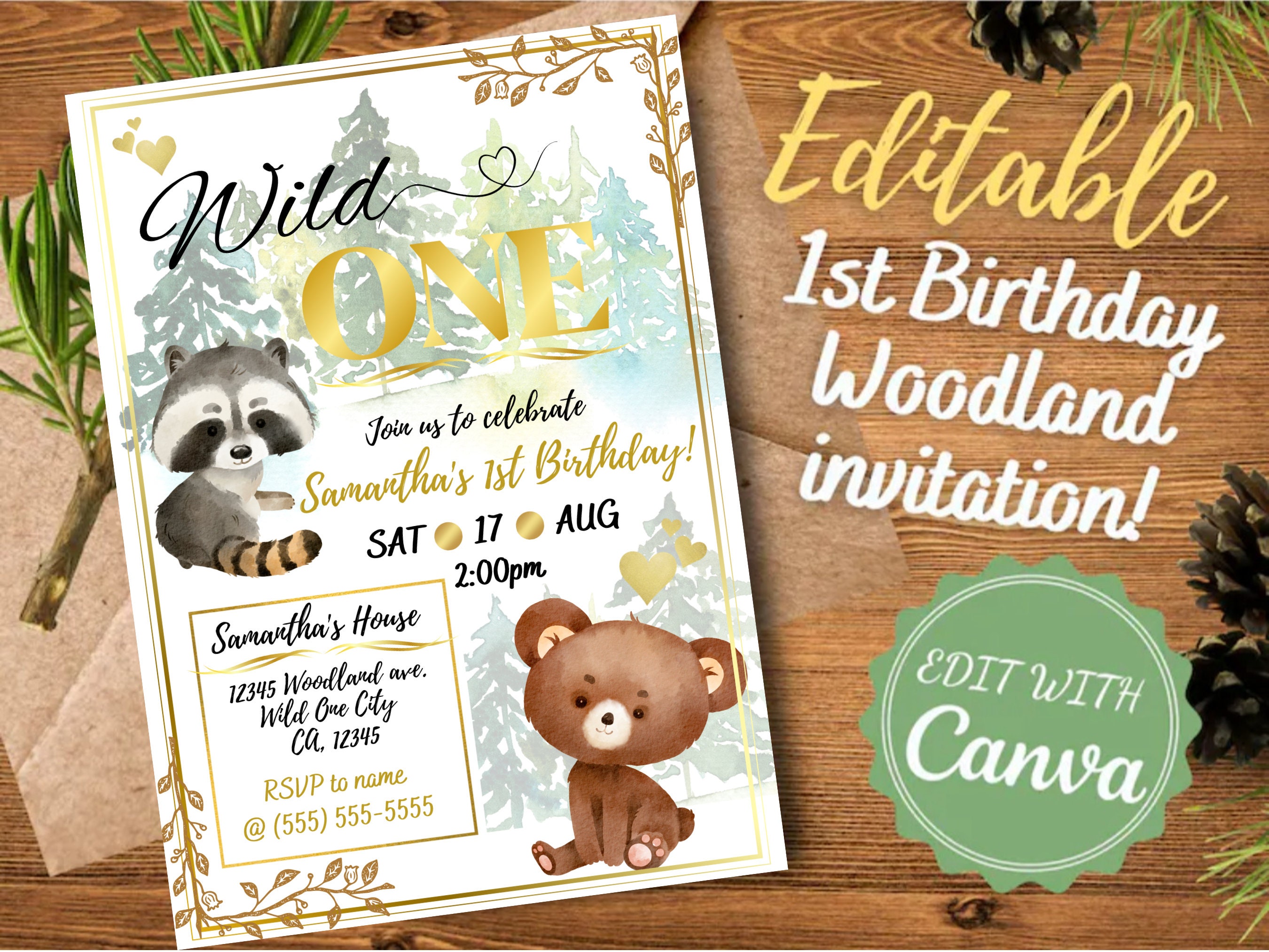 Woodland Birthday Invitation, Wild One First Birthday Invitation, 1st