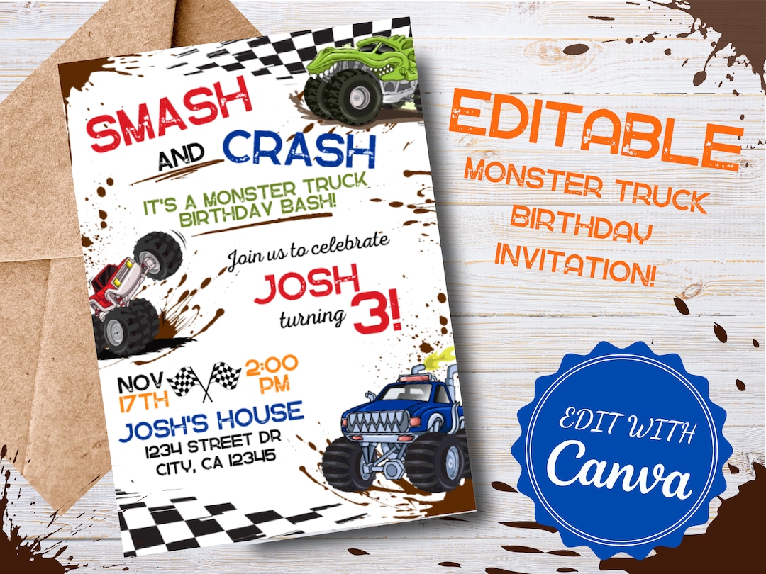 Monster Truck Birthday Invitation, Editable Birthday Template ...