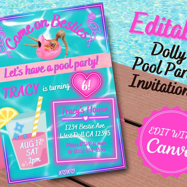 Dolly pool party invitation, pool party, dolly birthday, editable template, editable invitation, printable