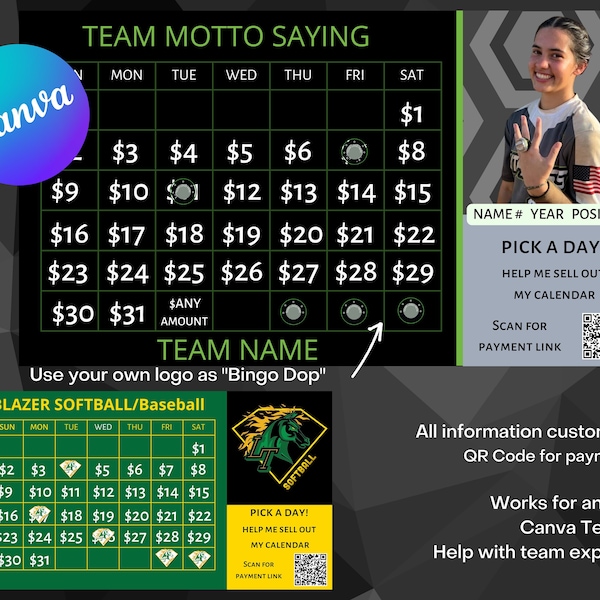 EDITABLE SOFTBALL Fundraiser, pick a date to donate, Fundraiser Calendar, Baseball, Soccer, Any Sport Works