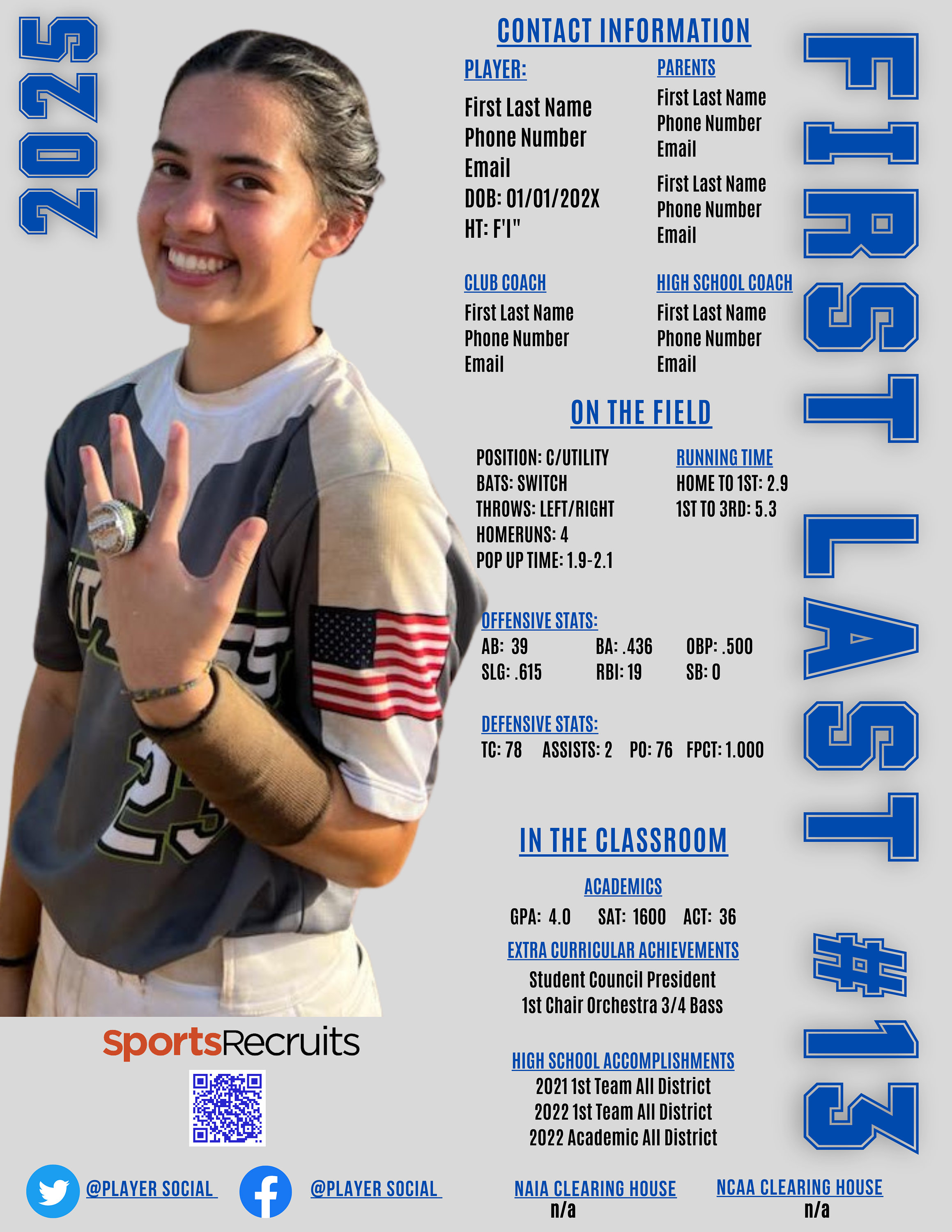 Individual Profile Sheet Photo College Recruiting Softball Baseball