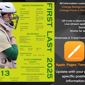 Apple Pages Template | Individual Profile Sheet Photo College Recruiting Softball Baseball Works for All Sports  Camps Showcases Travel Ball