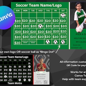 EDITABLE Soccer Fundraiser, pick a date to donate, Fundraiser Calendar, Soccer