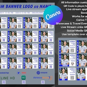 May include: A customizable team banner template with a blue and white color scheme. The banner features a photo of a softball player, a QR code, and the text "TEAM BANNER LOGO OR NAME".