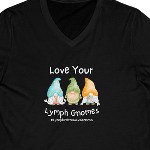 Love Your Lymph Gnomes Unisex Jersey Short Sleeve V-Neck Tee, lymphedema t-shirt, lymphedema shirt, lymphedema clothing, lymphedema v-neck