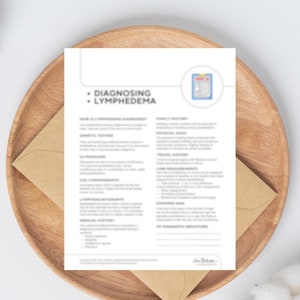 May include: A white sheet of paper with the title "Diagnosing Lymphedema" printed in black. The paper is on a wooden plate with a brown envelope on top of it.