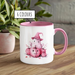 Pink Ghost Witch with Pumpkins Mug || Cute Halloween, Spooky Season, Autumn Coffee Lover Mug | Gothic Pastel Goth Pinkoween Gift | 6 Colours