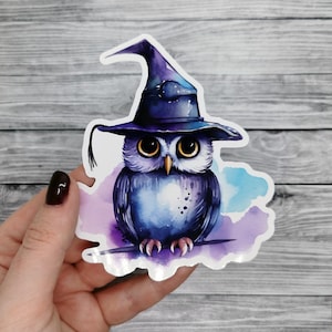 Sticker vinyle sorcier hibou//autocollant oiseau chouette aquarelle magique mignon - sticker pour ordinateur portable, agenda, cahier imperméable pour intérieur et extérieur