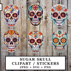 Sugar Skull Clipart / Aufkleber - Sofort Download - 6 druckbare Designs JPEG, SVG + PNG - Day of the Dead Print & Cut Scrapbooking
