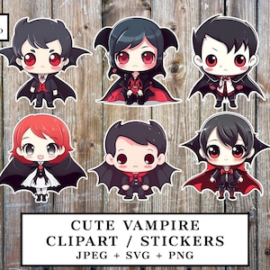 Cute Vampire Clipart / Stickers - Digital Instant Download - 6 Gothic Printable Designs in JPEG, SVG + PNG - Fun Print & Cut Scrapbooking