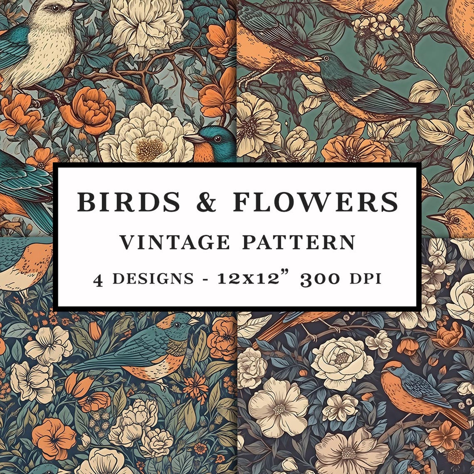 Birds & Flowers Vintage Style Pattern - DIGITAL DOWNLOAD - 4 Designs ...