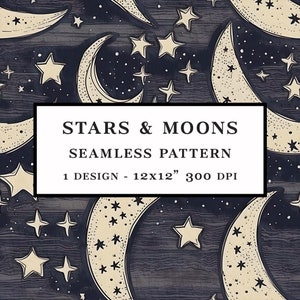 Stars & Moons Vintage stijl naadloos patroon nr. 1 - DIGITALE DOWNLOAD - 12 x 12 inch JPEG - afdrukbaar scrapbooking persoonlijk + commercieel