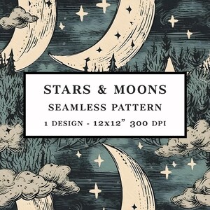 Stars & Moons Vintage stijl naadloos patroon nr. 3 - DIGITALE DOWNLOAD - 12 x 12 inch JPEG - afdrukbaar scrapbooking persoonlijk + commercieel