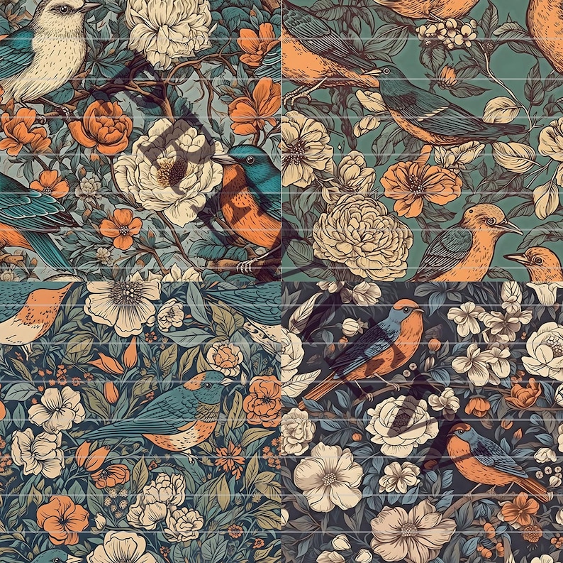 Birds & Flowers Vintage Style Pattern - DIGITAL DOWNLOAD - 4 Designs ...