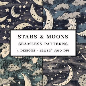 Stars & Moons vintage stijl naadloos patroonpakket - DIGITALE DOWNLOAD - 4 ontwerpen 12 x 12 inch JPEG - afdrukbaar persoonlijk + commercieel