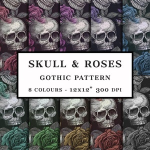 Könnte beinhalten: Ein nahtloses Muster mit schwarzen und weißen Totenköpfen und Rosen in verschiedenen Farben, darunter Rot, Rosa, Blau, Grün und Gelb. Das Muster ist mit "Skull & Roses Gothic Pattern 8 Colours - 12x12" 300 DPI beschriftet.