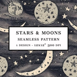 Stars & Moons Vintage stijl naadloos patroon nr. 4 - DIGITALE DOWNLOAD - 12 x 12 inch JPEG - afdrukbaar scrapbooking persoonlijk + commercieel