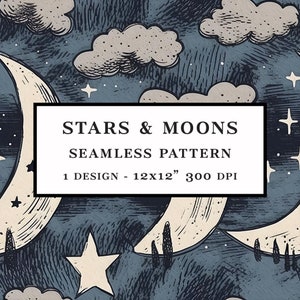 Stars & Moons Vintage stijl naadloos patroon nr. 2 - DIGITALE DOWNLOAD - 12 x 12 inch JPEG - afdrukbaar scrapbooking persoonlijk + commercieel