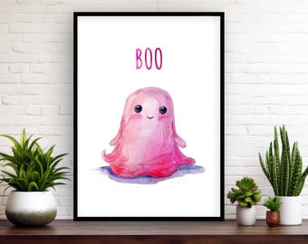 Pink Ghost Boo Wall Art Print | Cute Pinkoween Ghost, Spooky Season Home Decor Gift | Gothic Halloween Bathroom, Hallway, Bedroom Poster