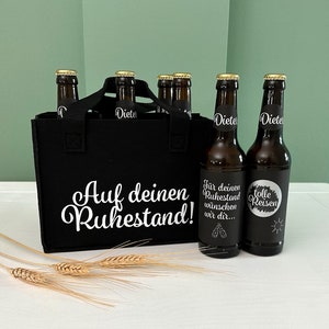 Bierträger | Auf deinen Ruhestand | Geschenk | Rente | Personalisierte Bierlabels mit Rubbellos | Abschiedsgeschenk | Sticker | Bier