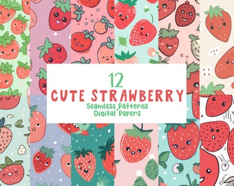 Patrones de fresa sin costuras - 12 documentos digitales de frutas, estilo Kawaii, diseño de álbum de recortes