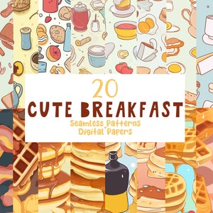 May include: A set of 20 digital paper patterns featuring cute breakfast illustrations. The patterns include waffles, pancakes, bacon, eggs, coffee, and more. The patterns are perfect for creating digital or printed projects.