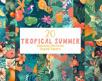 Seamless Summer Patterns - 20 Flower Digital Papers, Tropical Leaves, Fruits, Parrot