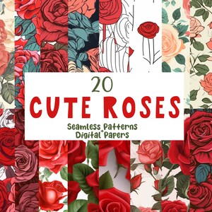 Seamless Cute Rose Patterns - 20 Floral Digital Papers or Textures, Scrapbook Design, Fabric, Wallpaper