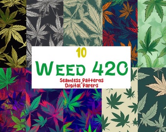 Seamless 420 Patterns - 10 Pack of Marijuana Digital Papers, Pot Leaf, Cannabis Textures, Scrapbook Designs