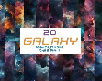 Seamless Galaxy Patterns - 20 Pack of Space Digital Papers, Celestial Planet Scrapbook Designs, Wallpapers