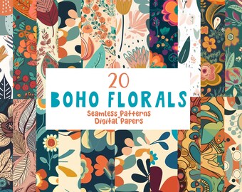Seamless Boho Patterns - 20 Digital Papers with Flowers and Leaves, Instant Download
