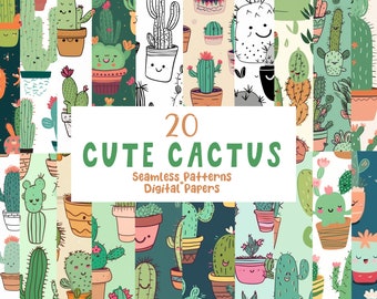 Cute Kawaii Cactus Patterns - 20 Seamless Digital Papers, Desert Theme Sublimation