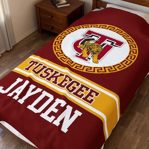 Personalized Tuskegee University Throw - TU Blanket Gift for Grad Alumni - Game Day Tailgate Throw, Dorm Bed Decor, Graduation or Bed Party