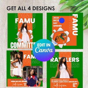 Puede incluir: Cuatro gráficos de redes sociales con un esquema de color verde y naranja. Los gráficos presentan una foto de una persona que lleva un vestido blanco y una gorra negra. El texto en los gráficos dice "FAMU", "COMMITT", "RATTLERS", "2025 DECIS DAY WINNER", y "MY FUTURE LOOKS BRIGHT AT FLORIDA A&M STATE UNIVERSITY Zoelle Ingram DECISION DAY 2025".