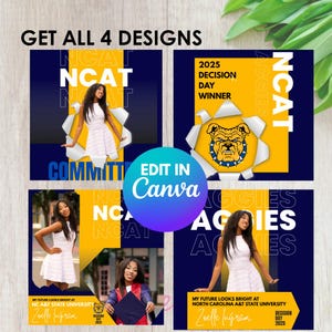 Puede incluir: Cuatro plantillas de publicaciones en redes sociales para el día de la decisión universitaria. Cada plantilla presenta a una estudiante diferente con un vestido blanco, un esquema de color azul y dorado, y el texto "NCAT" y "Aggies".