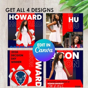 May include: A collage of four designs featuring a woman in a white dress. The designs incorporate red, blue, and white color schemes with the text "HOWARD", "BISON", and "2026 DECISION DAY WINNER". The Canva logo is also visible.