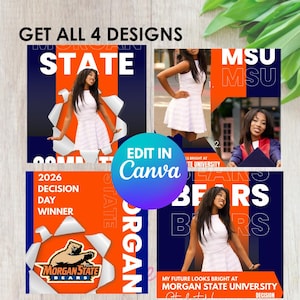 May include: Four Morgan State University design templates with a woman in a white dress. The designs feature the words "STATE", "MSU", and "BEARS" in orange and white on a navy blue background. The text "GET ALL 4 DESIGNS" and "EDIT IN Canva" are also visible.