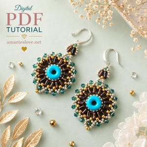 May include: A pair of beaded drop earrings featuring a central bright turquoise donut bead surrounded by dark brown, metallic silver, and teal crystal beads. The text Digital PDF TUTORIAL amanteslove.net is visible in the upper left corner.