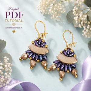 May include: A pair of dangle earrings featuring gold-toned ear wires, metallic purple petal-shaped beads, and textured bronze-colored beads. The text Digital PDF TUTORIAL amanteslove.net is visible in the upper left corner of the image.