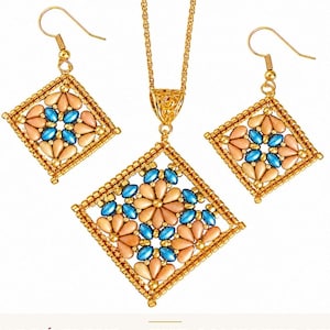 May include: A jewelry set featuring a gold-toned chain necklace with a square pendant and matching square drop earrings. Each piece is crafted with small metallic gold, peach, and blue beads arranged in a floral pattern within a square frame.