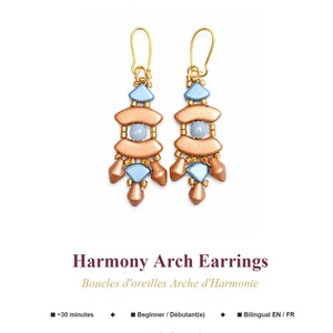 May include: A pair of dangle earrings featuring gold-tone ear wires, light blue triangular beads, metallic copper curved beads, and small round light blue beads. The text AMANTES LOVE, Harmony Arch Earrings, Boucles d'oreilles Arche d'Harmonie, ~30 minutes, Beginner / Débutant(e), Bilingual EN / FR, and amanteslove.net are visible.